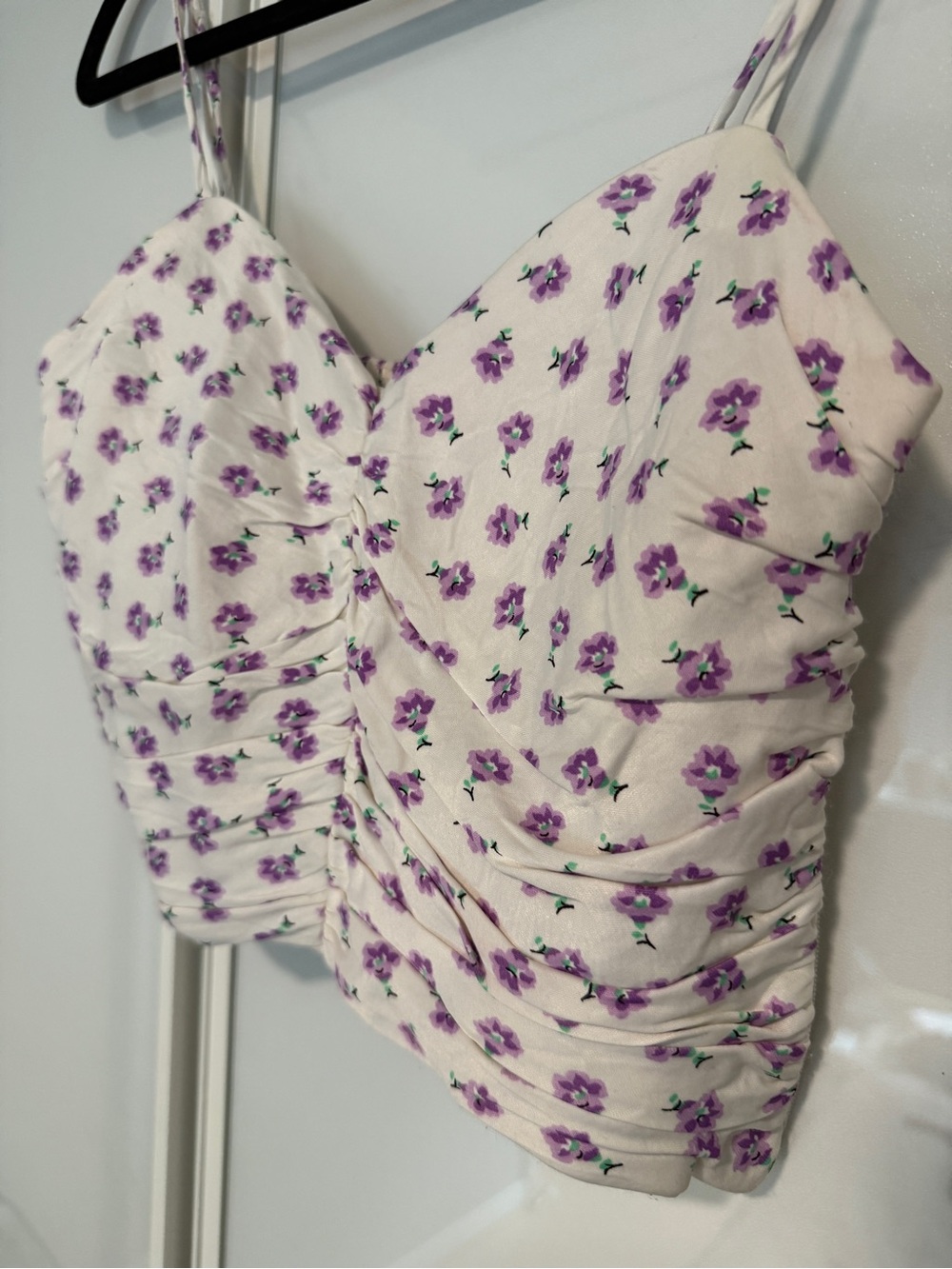 Zara White Cropped Spaghetti-Strap Top with Purple Floral